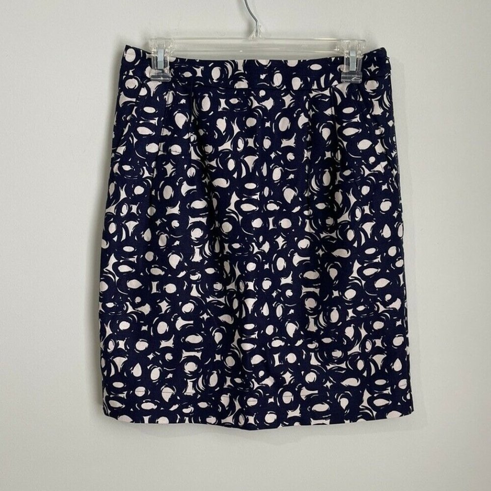Boden Blue Circle Print Linen Blend Lined Pencil Skirt with Pockets